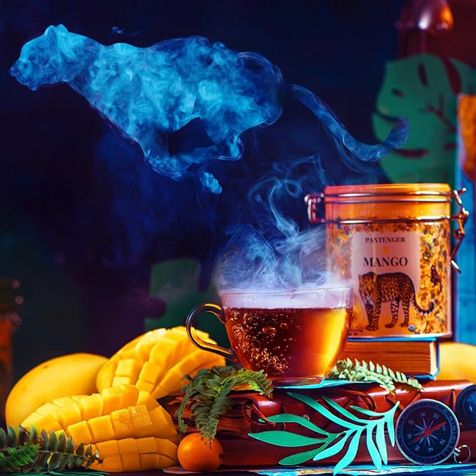 Mango Balck Tea Loose Leaf 3.5 Oz. USDA Organic. Pantenger Mango is a Tea Blend of Organic Black Tea Leaves with Mango Pieces and Marigold Petals. Drink Hot or Iced.