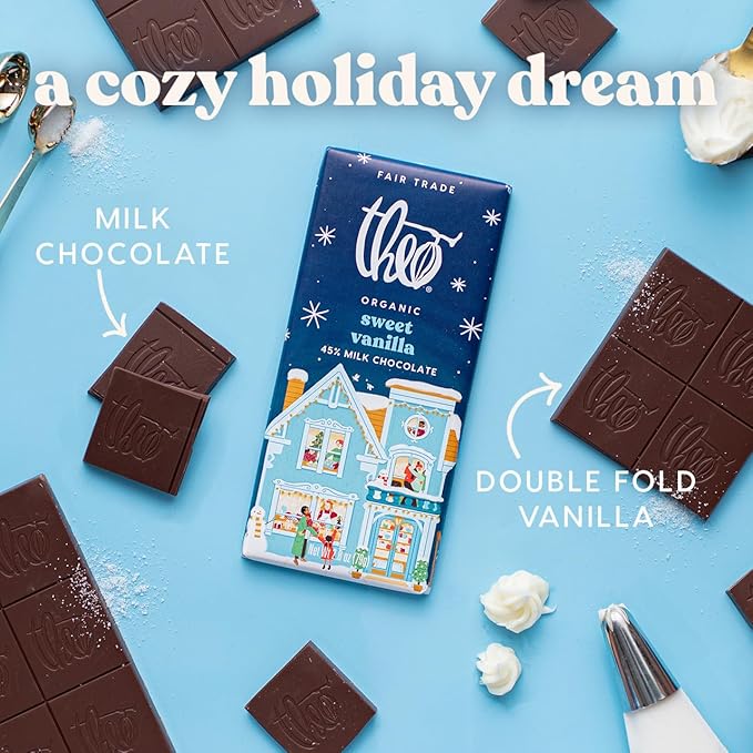 Theo Chocolate Holiday Sweet Vanilla Organic Milk Chocolate Bar 45% Cacao 12 Count | Fair Trade