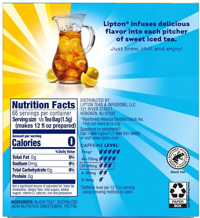 Lipton Family-Sized Black Iced Tea Bags Southern Sweet Tea 22 ct (Pack of 6)