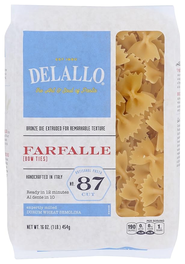 DeLallo Farfalle Pasta Bow-Tie Shape Made in Italy Bronze Cut Made with Only 100% Durum Wheat Semolina Flour All Natural Non-GMO Kosher Vegan1 Pound Bag (16 Pack)