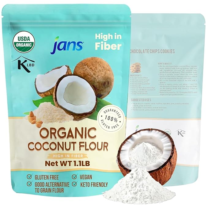 Jans Organic Coconut Flour (1.1 lb Pack of 12) Certified Organic Gluten-Free Keto Paleo Vegan Friendly Multi Purpose Flour Alternative High Fiber