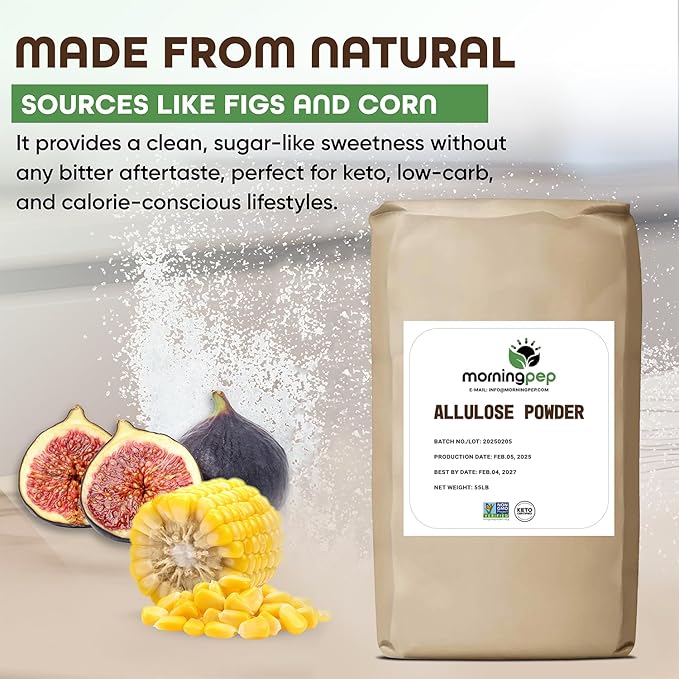 Morning Pep Allulose Sweetener 55 lb – Zero Calorie Sugar Alternative 100% Pure No Erythritol Non-GMO Project Verified Keto Certified OU Kosher No Fillers Ideal for Baking and Beverages BULK B