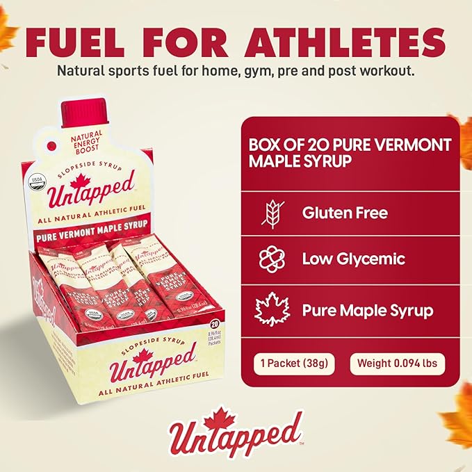 UnTapped Vermont Maple Syrup Packets for Athletes Box of 20-0.96 Fl Oz | Organic Pure Maple Syrup for Natural Endurance Energy | Fuel to Keep You Running Longer