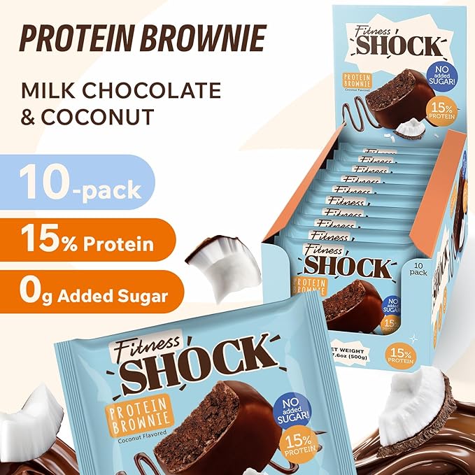 FitnesSHOCK Protein Brownies – Dark Chocolate &amp Coconut Dessert Bars – Low Sugar Dessert Snack (2g Total Sugar No Added Sugar) – Healthy Snack – 10 Count