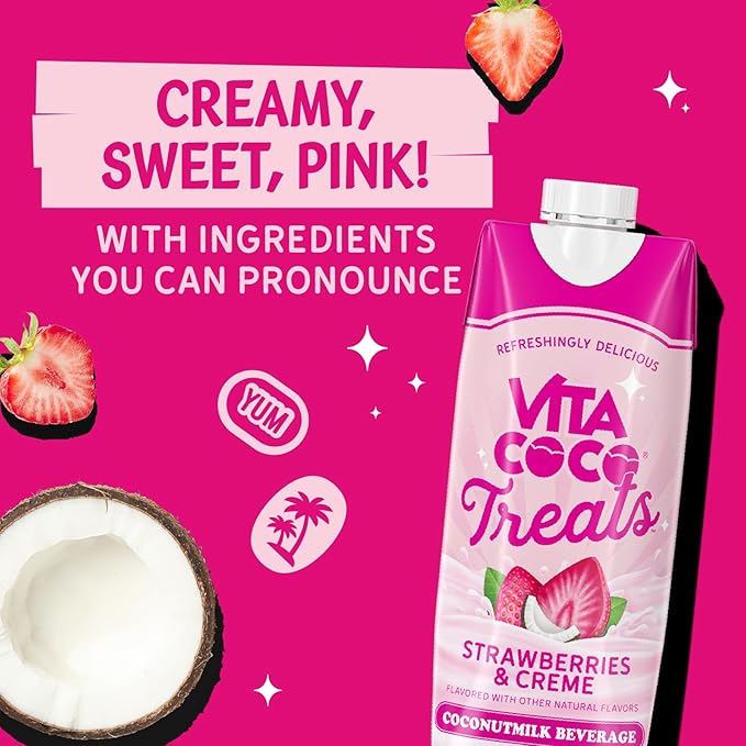 Vita Coco Treats Strawberries &amp Creme Coconut Milk Drink | Sweet Refreshing Treat | Cremey Pink Drink Alternative | 16.9 fl oz (Pack of 12)