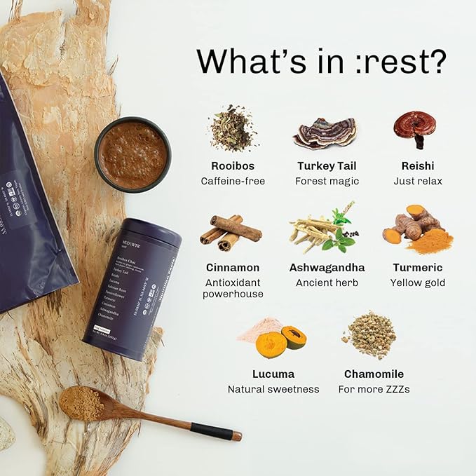 MUD\WTR - :rest Evening Ritual Starter Kit - Organic Mushroom Tea - Hints of Chamomile and Chai Flavors - Includes 30-Serving :rest Tin &amp Frother - Caffeine-Free Vegan Gluten Free Kosher Non-G