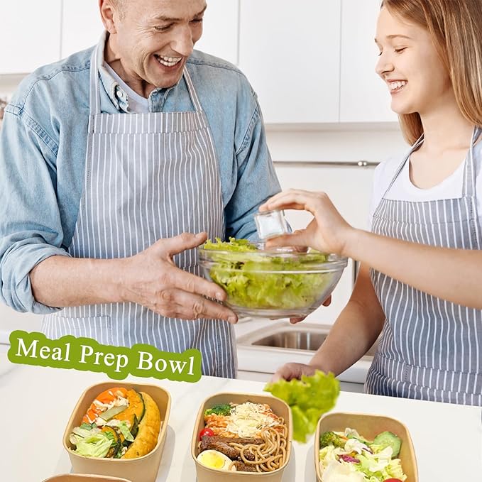 MINCOCO 50 Count Disposable Paper Bowls with Lids Meal Prep Containers 【Includes 50 Wooden Forks + 100 Labels】 Salad Food Containers Freezer &amp Microwave Safe Leakproof Soup Bowls (35 Ounce 50-Cou
