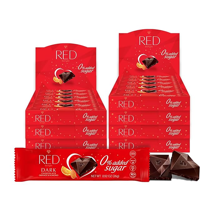RED Delight®™ Orange and Almond Dark Chocolate 12 Count Box of Grab N Go Travel Size Bars (0.92 Ounces Each) (7 Boxes - Total of 84 Bars)