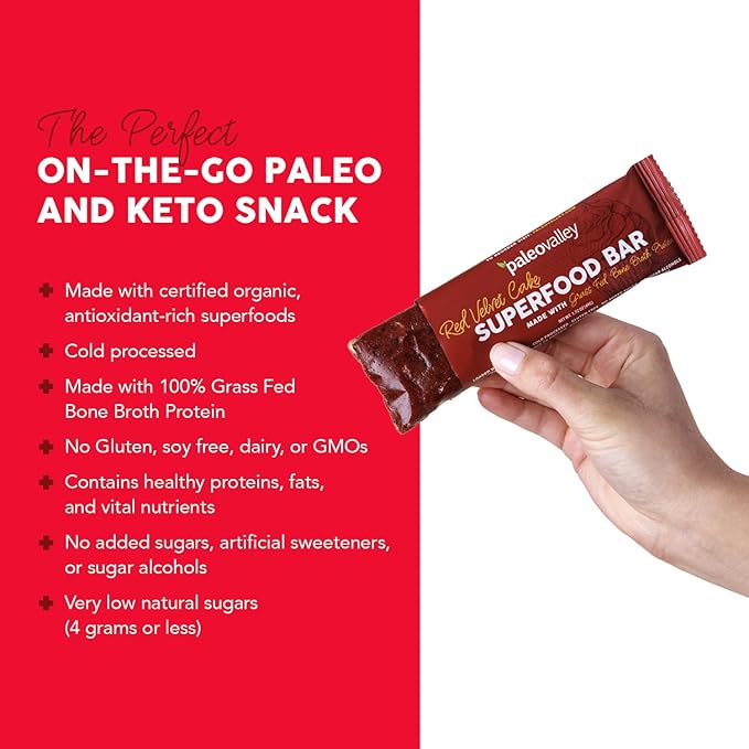 Paleovalley Superfood Bars – Red Velvet– 10 Pack – 9g Protein per Bar – Gluten-Free Grain-Free Paleo Non-GMO – On-the-Go Snack