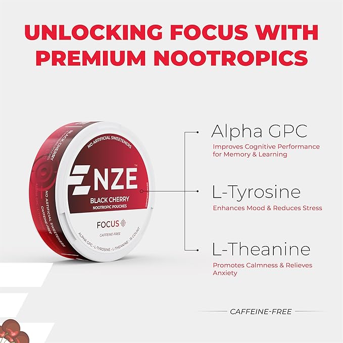 NZE Caffeine Free Nootropic Pouches (Black Cherry) - Nootropic Pouches with Alpha GPC L-Tyrosine &amp L-Theanine - No Sugar or Artificial Sweeteners - 15 Pouches Per Can - 5 Pack