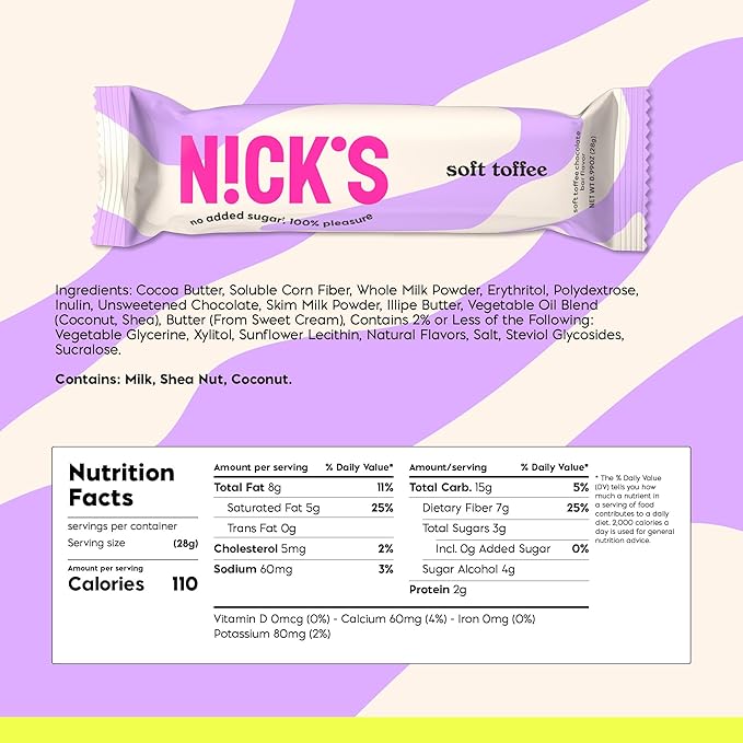NICKS Soft Toffee Chocolate Candy Bar with Caramel Sauce Without Added Sugar110 Calories 3.5 Net Carbs Gluten Free Low Carb Candy – 15-Pack (28g Each)