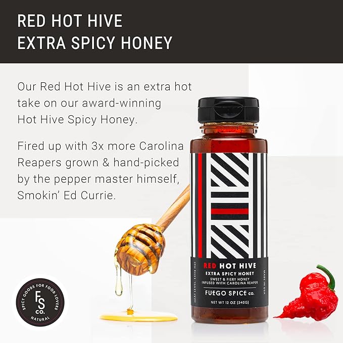 RED HOT HIVE Extra Spicy Honey Sweet &amp Fiery Hot Honey Infused with Carolina Reaper Pepper by Fuego Spice - 12 Oz - Squeeze it on a BBQ Chicken Wings or Try it on a Taco - Heat Level: 7/10