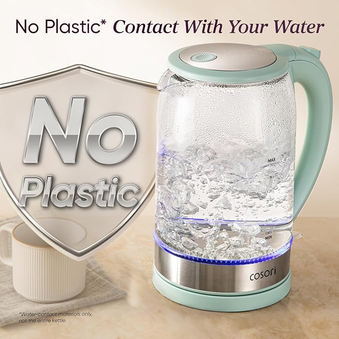 Cosori Electric Kettle No Plastic Contact With Water Wide Mouth For Easy Cleaning Auto Shut Off 1.7L Tea Kettle &amp Hot Water Boiler Water Heater &amp Teapot Borosilicate Glass Green 1500W