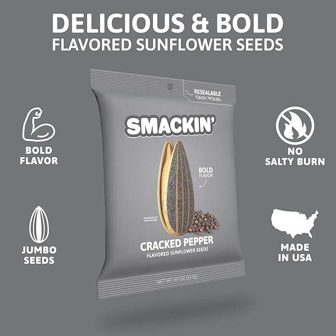 SMACKIN' - Jumbo Roasted Sunflower Seeds No Salty Burn American Made Easy Pour &amp Seal - Cracked Pepper 4oz bag (12 Bags)