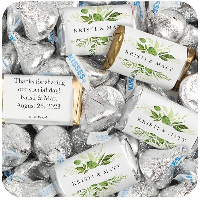 124 Pcs Personalized Wedding Candy Party Favors Botanical Wrapped Hershey's Miniatures and Hershey's Kisses (1.52 lbs) for Wedding Favors Bridal Shower Candy Rehearsal Dinner Souvenirs and Buffets