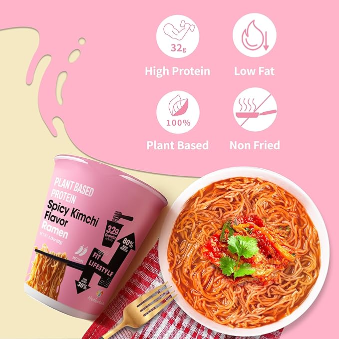 Hethstia Protein Ramen Spicy Kimchi Flavor 6-Pack Instant Healthy Noodle Soup Cups 32g Plant Protein Vegan Pre-Packaged Ramen Meal Low Fat Non-GMO Non-Fried Air-Dried Healthy Noodle Broth