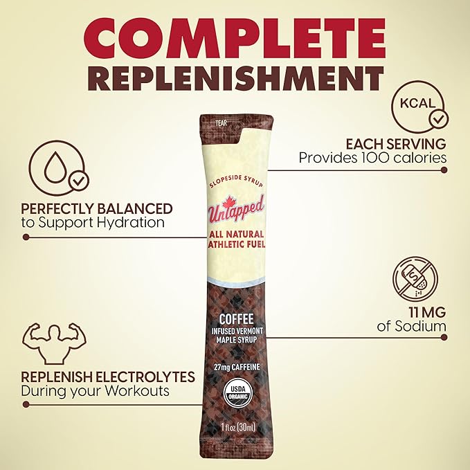 UnTapped Coffee Infused Vermont Maple Syrup Packets for Athletes Box of 20-1 fl oz | Pure Maple Syrup with Organic Coffee for Natural Endurance Energy | Fuel to Keep You Running Longer