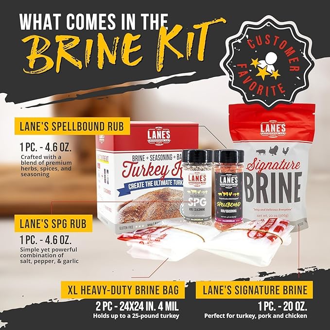 Lane's Ultimate Turkey Brine Kit with Bag - Includes 20 oz Signature Turkey Brine SPG Seasoning Spellbound Rub and 2 XL Brining Bags - For Tender &amp Flavorful Meat - Gluten-Free No MSG Made in