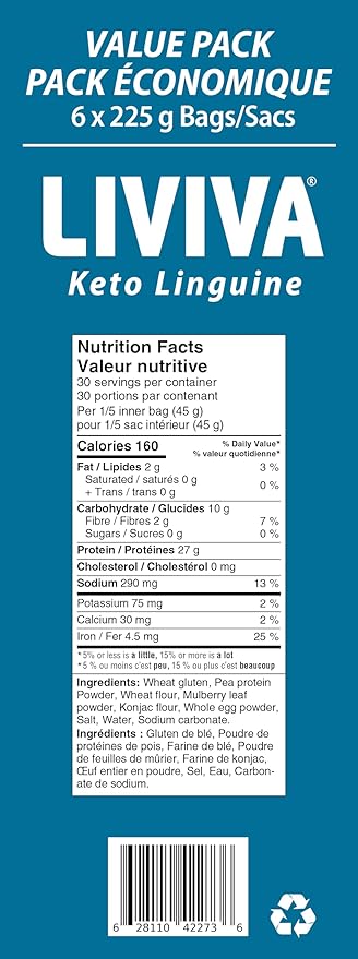 LIVIVA Low Carb High Protein KETO Value Pack Spaghetti Noodle Pasta 6 Pk – 135 g Protein per Box with Pea Protein &amp Konjac Flour - 8g Net Carbs Diabetic-Friendly - Healthy Al Dente Pasta (6 Pack