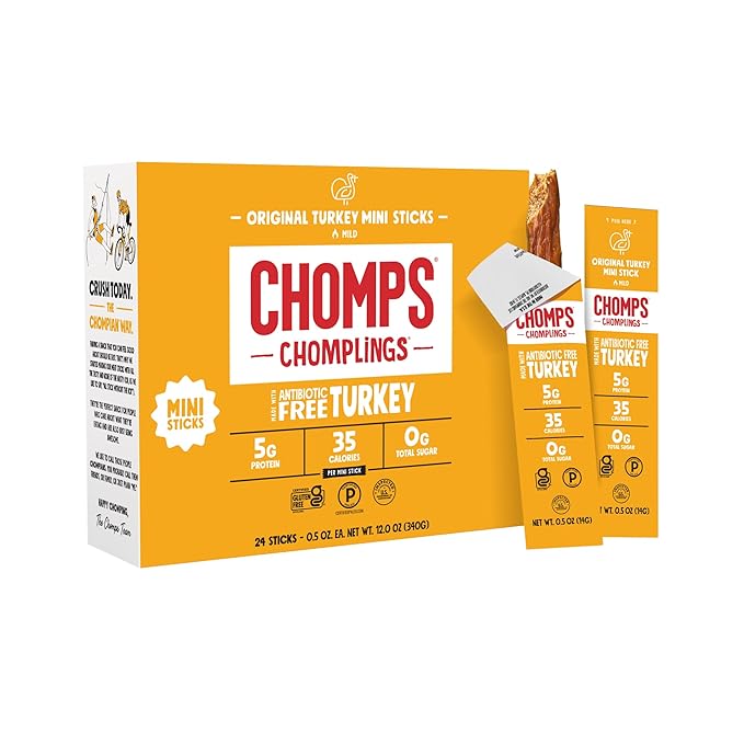 Chomps Snack Size Original Turkey Jerky Meat Sticks ABF Turkey Keto Paleo Whole30 Approved Low Carb High Protein Gluten Free Sugar Free 35 Calories 0.5 Oz (Pack of 24)