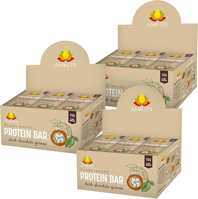 Amrita Nut Free Dark Chocolate Quinoa Vegan Protein Bars (12 CT PK of 3) | 12g Plant-Based Protein Bar | Peanut Free Gluten Free and Dairy Free | Low Sugar High Fiber Healthy School-Safe Snacks