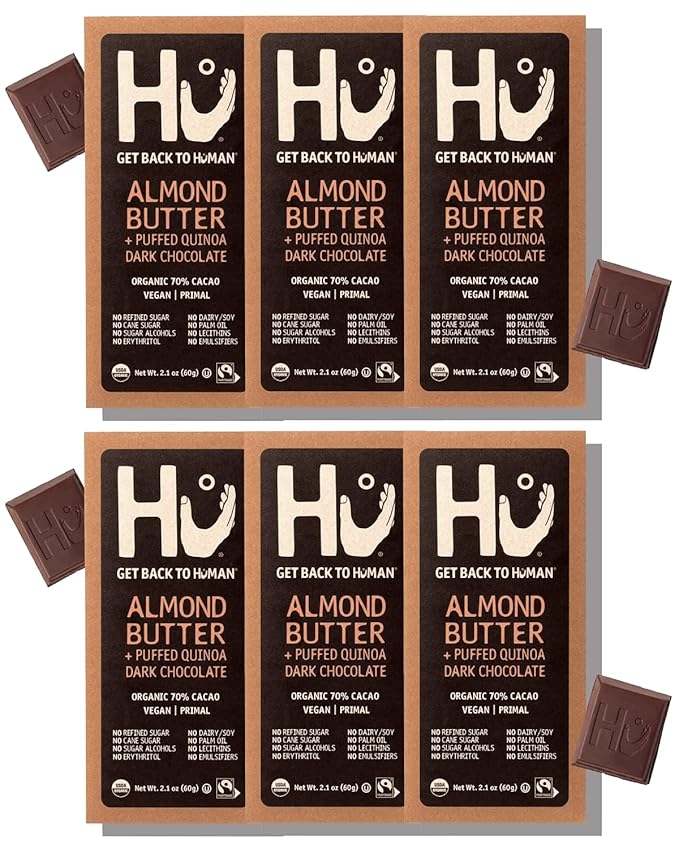 Hu Chocolate Bars | 6 Pack Almond Butter &amp Puffed Quinoa Chocolate | Natural Organic Vegan Gluten Free Paleo Non GMO Fair Trade Dark Chocolate | 2.1oz Each