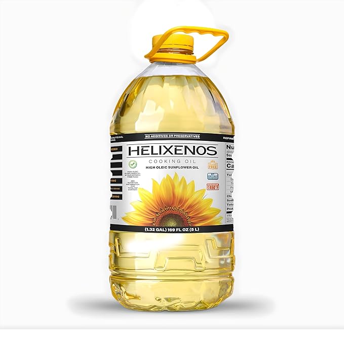 HELIXENOS High Oleic Sunflower Oil – Refined Deodorized &amp Winterized Non-GMO Gluten-Free Heart-Healthy Cooking Oil for Frying Baking Salad Dressing &amp Skincare – (169 Fl Oz x1)