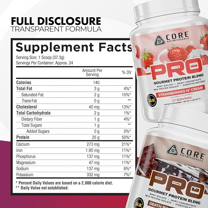 Core Nutritionals PRO Gourmet Protein Blend | Whey Protein Blend | with MCTs &amp Digestive Enzymes | Sustained Release Protein &amp Recovery Support |27 Servings (Strawberries N' Cream)