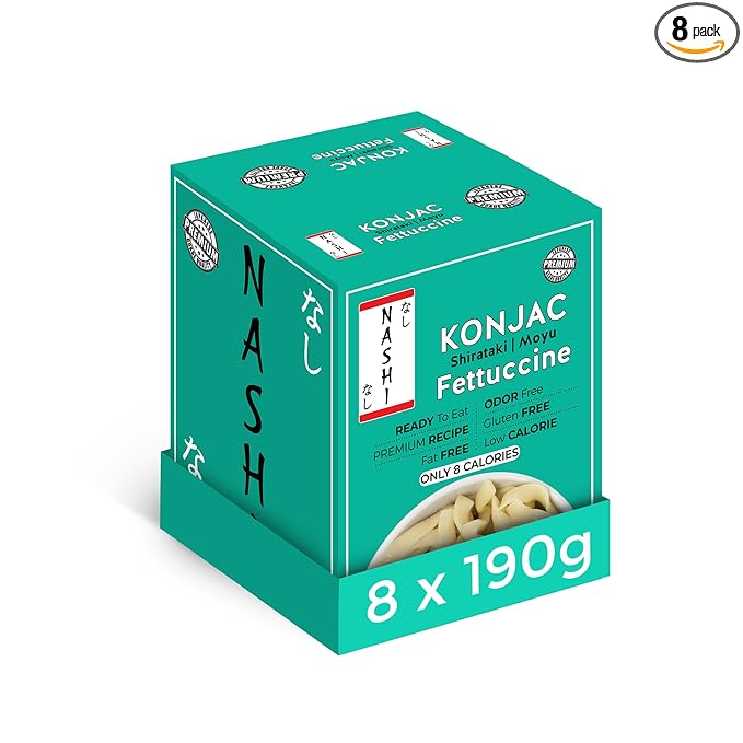 Nashi Shirataki Konjac Fettuccine Noodles - Pack of 8 | Glucomannan Premium Recipe Keto-Friendly | Low-Calorie Zero-Carb Vegan &amp Gluten-Free Odour-Free High Fiber | Ready-to-Eat Food | 53.61