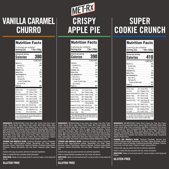 MET-Rx Big 100 Colossal Protein Bars Variety Pack Super Cookie Crunch Vanilla Caramel Churro and Crispy Apple Pie Flavors Brown 12 Count