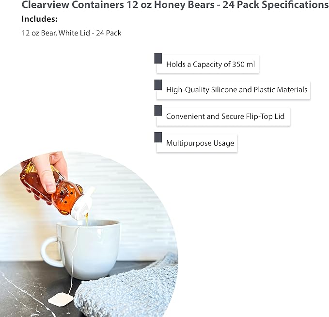 12 Ounce Clear Plastic Squeezable Honey Bears with Sealable Flip Top Lids - BPA Free Hand Wash Only (White 24 Pack)