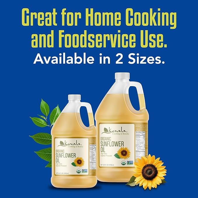 Kevala Organic Sunflower Oil - Oil Rich in Vitamin E for Cooking and Body Care Great Ingredient for a Salad Dressing with no Cholesterol Kitchen Pantry Staple for your Home 128 fl oz 1 gal