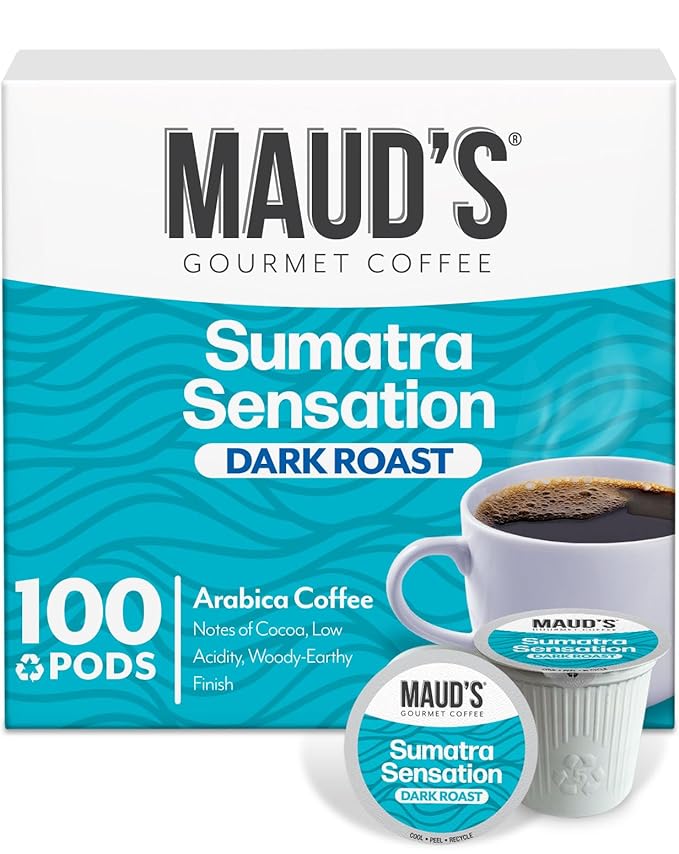 Maud's Sumatra Coffee Pods 100 ct Dark Roast Coffee in Single Serve Pods – 100% Arabica Coffee Compatible with Keurig K Cups Maker