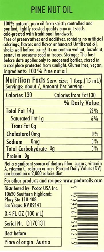 PÖDÖR Premium Pine Nut Oil - 3.4 fl. Oz. - Cold-Pressed 100% Natural Unrefined and Unfiltered Vegan Gluten-Free Non-GMO in Glass Bottle