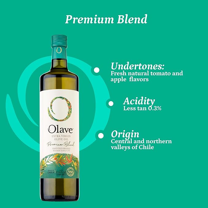 Olave Chilean Olive Oil – Extra Virgin Blend – First Cold Press – Flavorful for Salads Veggies Bread and Soup – Premium Olive Oil (Pack of 4 Premium 16.9)