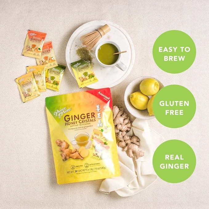 Prince of Peace Instant Ginger Honey Crystals Assorted (Lemon Turmeric Matcha) 30 Sachets - pack of 2 – Instant Hot or Cold Beverage that Soothes Throat – Easy to Brew – Drink Like a Tea – Gluten F
