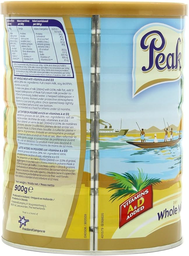 Peak Whole Milk Powder 2 Pound (900g) Can - European Milk from Holland rBST Free Full Rich Flavor Dissolves Instantly Long Shelf Life Premium Full Fat Quality