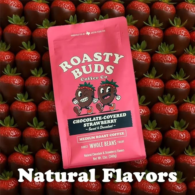 Roasty Buds Chocolate Strawberry Whole Bean Coffee – 12oz Bag | Medium Roast | 100% Arabica Beans | Dessert-Inspired Gluten-Free Non-GMO No Sugar or Dairy | Fresh-Roasted Flavored Coffee