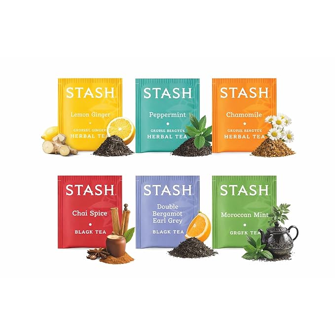 Stash Tea Variety Pack 180 Tea Bags – 6 Flavor Sampler (Herbal Black &amp Green) Non-GMO Verified.