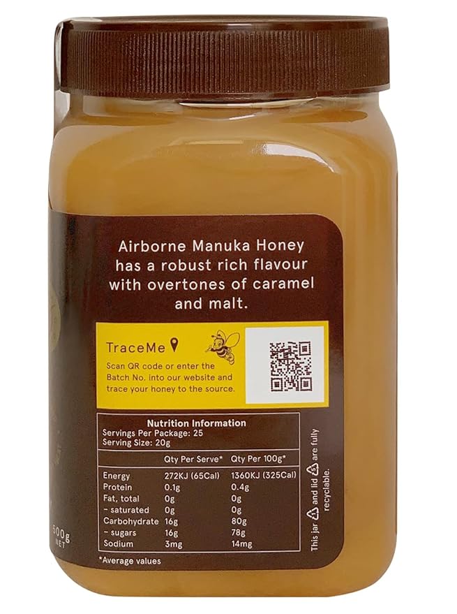 Airborne Manuka Honey Monofloral 70+ 100% Pure New Zealand Honey. Certified. Guaranteed. RAW. Non-GMO (17.85 oz)