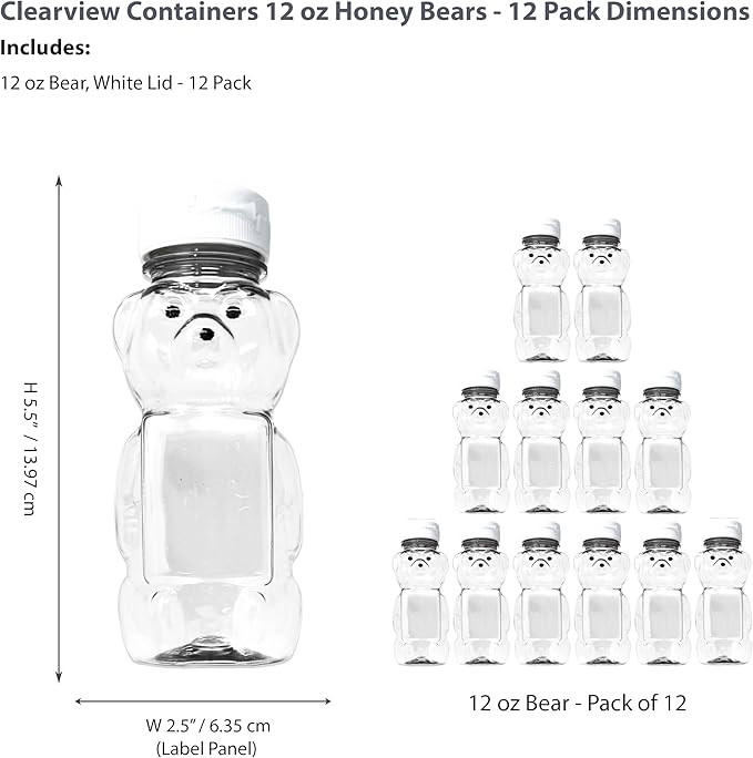 12 Ounce Clear Plastic Squeezable Honey Bears with Sealable Flip Top Lids - BPA Free Hand Wash Only (White 12 Pack)