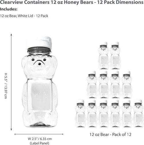 12 Ounce Clear Plastic Squeezable Honey Bears with Sealable Flip Top Lids - BPA Free Hand Wash Only (White 12 Pack)