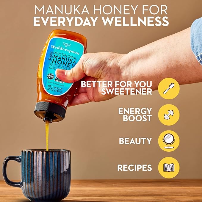 Wedderspoon Raw Premium Manuka Honey KFactor 12 12 Oz Unpasteurized Genuine New Zealand Honey Non-GMO Superfood Traceable from Our Hives to Your Home Convenient Squeeze Bottle
