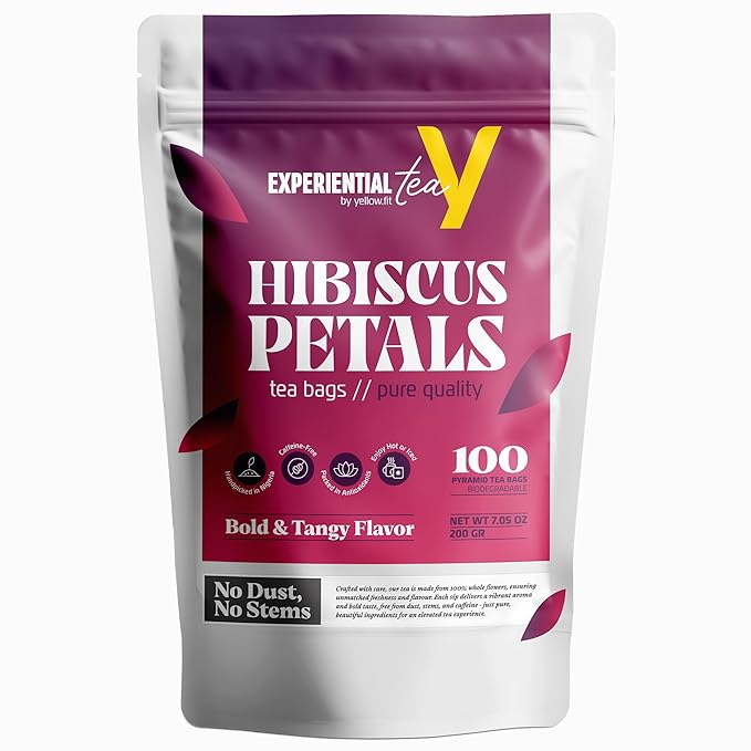 Yellow.fit Hibiscus Tea Bags – 1500mg Loose Leaf Tea Bags Caffeine-Free Herbal Tea Made from Dried Hibiscus Flowers Herbal Tea Bags 100 Count