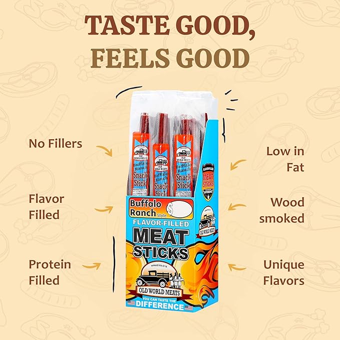 Old World Meats Meat Sticks 110 Calories Keto Low Carb 1g Sugar Fuelings 20 Pack 1 ounce sticks (Buffalo Wings &amp Ranch)