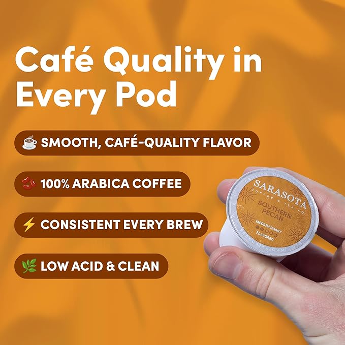 Sarasota K-Cup Coffee Pods | Medium Roast Flavored Coffee | Southern Pecan Crunch | Single Serve for Keurig Brewers | Gourmet Low Acid Mold Free | 24 Count