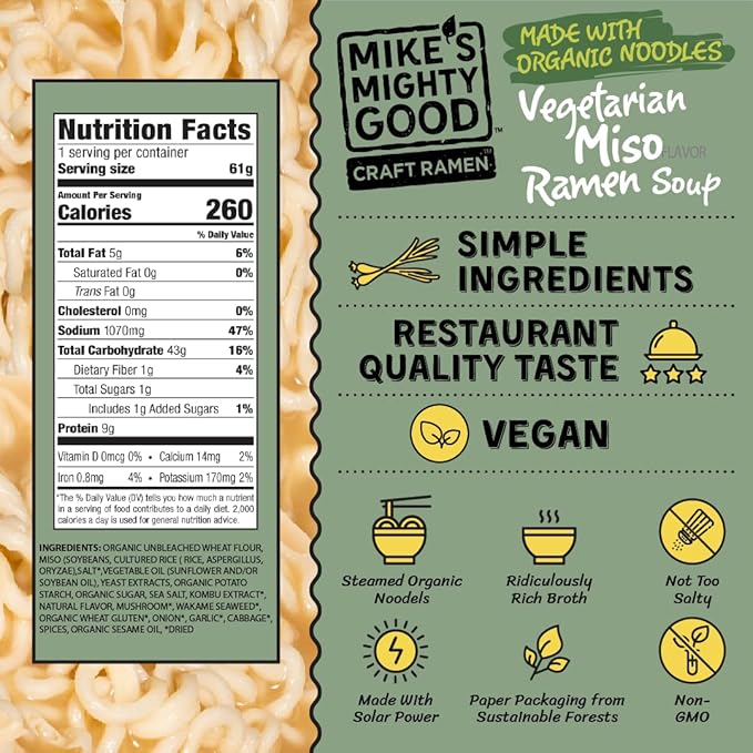 Mike's Mighty Good Vegetarian Miso Soup - Instant Ramen Noodles - Organic and Non-GMO Instant Noodles - Miso Ramen - Vegan Soup - 2.1 Ounces - 7 Pillow Packs