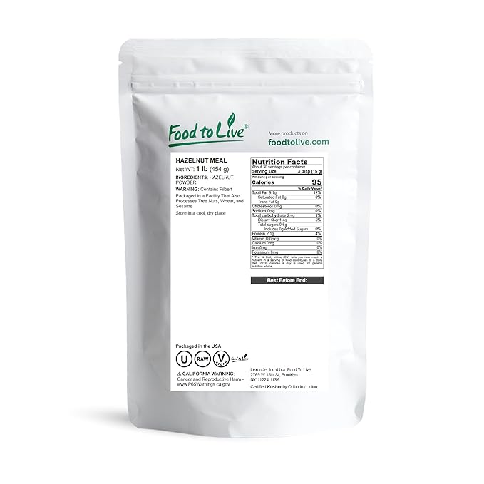 Food to Live Hazelnut Meal 1 Pound – Natural Raw Filbert Nut Powder Finely Ground Pure. High in Protein and Fiber. Vegan Kosher Bulk