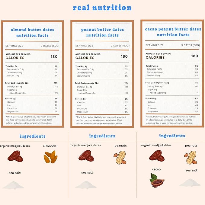 Realsy Pitted &amp Stuffed Medjool Dates Organic Dates with No Sugar Added Gluten-Free Vegan Good Source of Fiber Low Glycemic Index All Natural Healthy Snack (Variety 6 Pack)