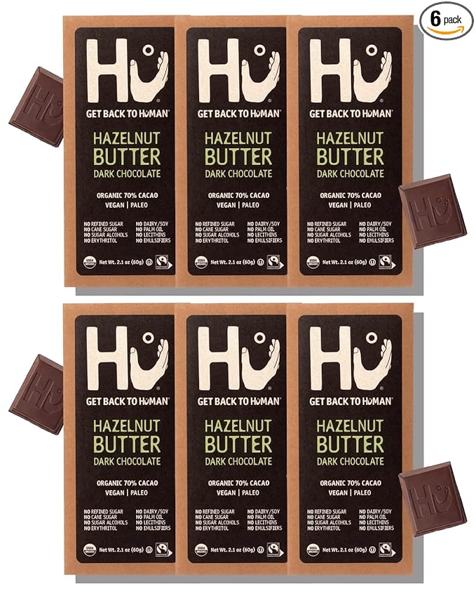Hu Chocolate Bars | 6 Pack Hazelnut Butter Chocolate | Natural Organic Vegan Gluten Free Paleo Non GMO Fair Trade Dark Chocolate | 2.1oz Each